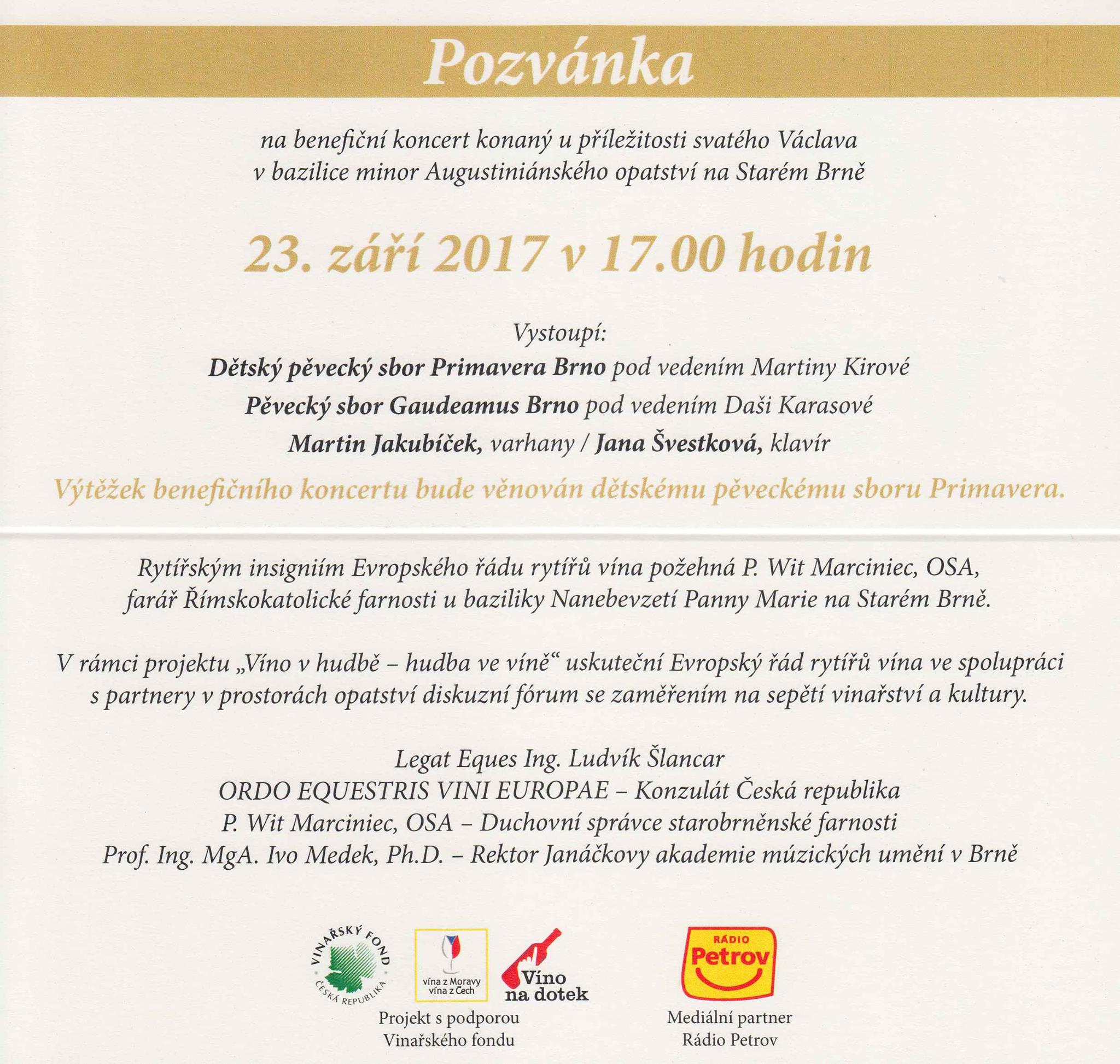 Pozvánka: Koncert při příležitosti zasedání Evropského řádu rytířů vína